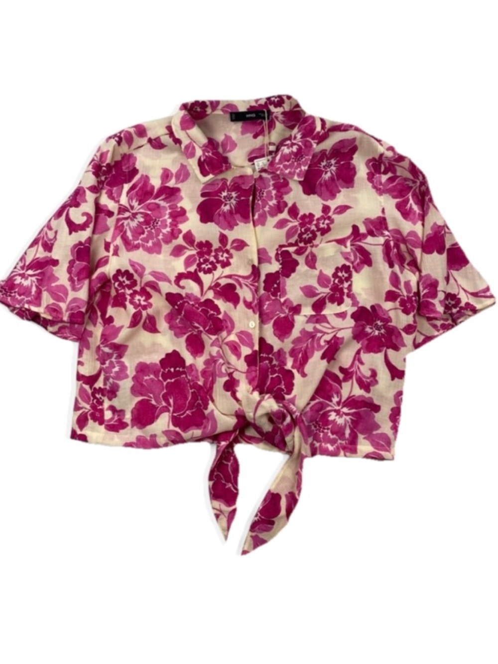 Mango Floral Tie Front Short Sleeve Blouse Pink and Off-White Women’s Size XL